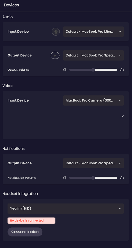 CloudieConnect Devices settings showing audio input and output, notification output and headset options