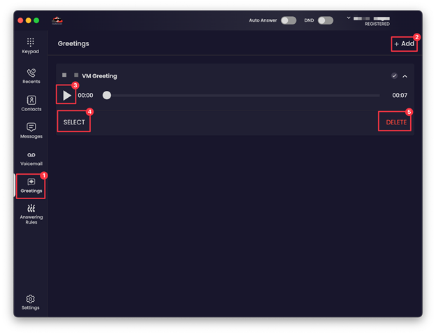 CloudieConnect Greetings screen with Add, play, Select and Delete buttons