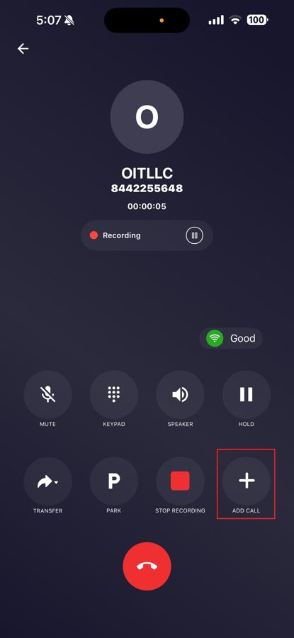 CloudieConnect call screen with the Add Call button highlighted