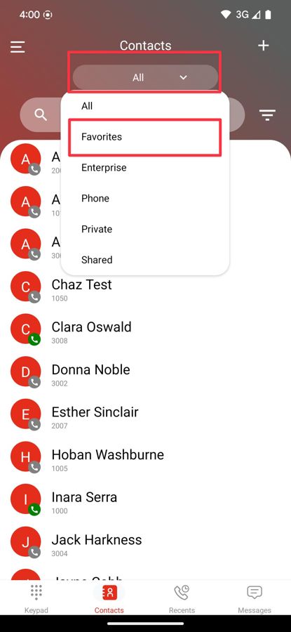 CloudieConnect Contacts list menu with Favorites