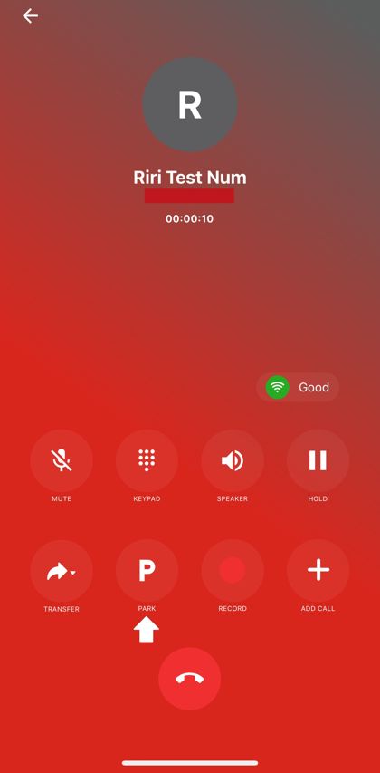 CloudieConnect call screen showing mute, keypad, speaker, hold, transfer, park and add call buttons