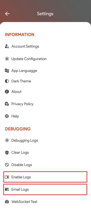 CloudieConnect phone settings with Enable Logs and Email Logs highlighted