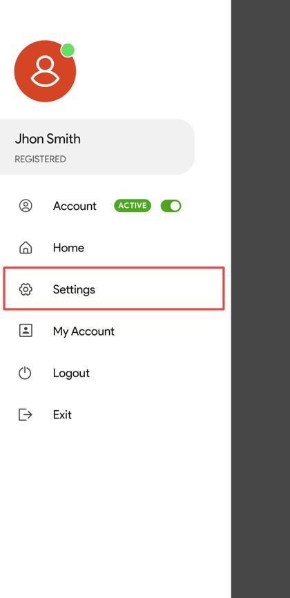 CloudieConnect side menu with Settings