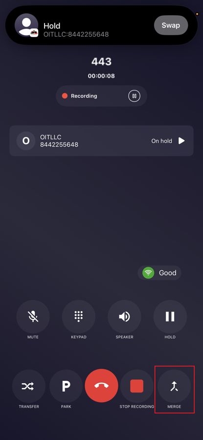 CloudieConnect call screen with the Merge button highlighted