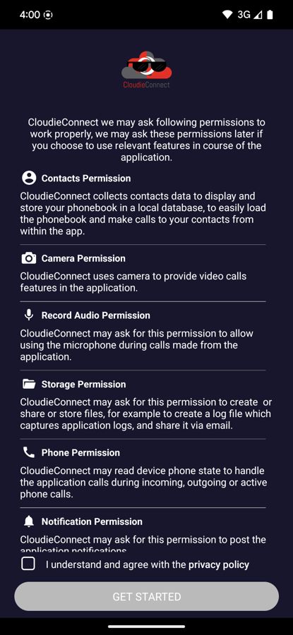 CloudieConnect permissions screen listing contacts, camera, microphone, storage, phone and notification permissions