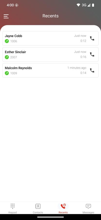 CloudieConnect recent calls list