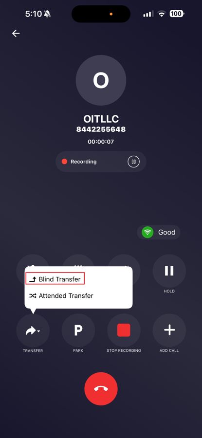 CloudieConnect Transfer menu with Blind Transfer and Attended Transfer
