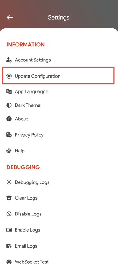 CloudieConnect phone settings with Update Configuration highlighted