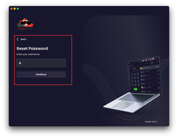 CloudieConnect Reset Password screen asking for your username