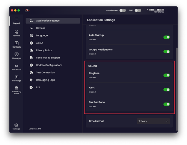 CloudieConnect Application Settings with the Sound options for ringtone, alert and dial pad tone