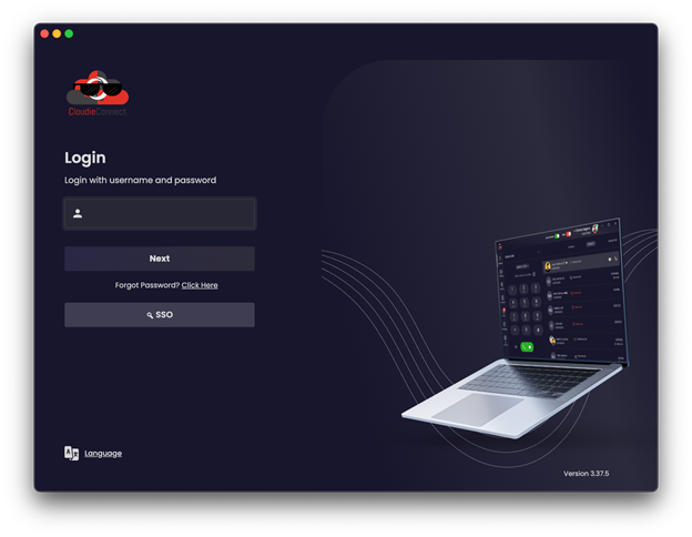 CloudieConnect sign-in screen with a username box, a Next button and a Forgot Password link